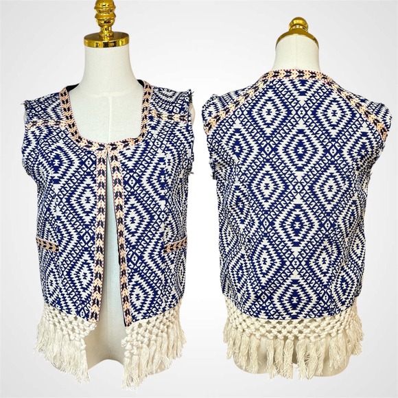 Tularosa Jackets & Blazers - TULAROSA Blue White Geometric Boho Fringe Vest Jacket Women's Size M